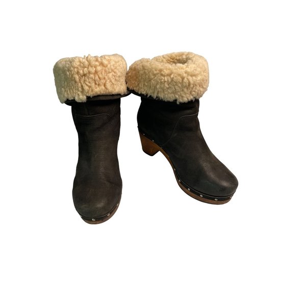 Ugg Australia Shoes - UGG Womens MOUTON Boot Roll Top BLACK Leather Heels Boots 3207 Size 6